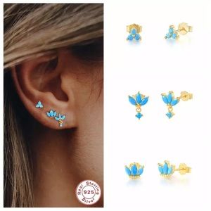 1Pair Turquoise Teal Yellow Gold Mini Micro Crown Studs Pin Earrings